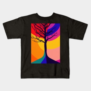 Lonely Tree Under a Rainbow Night Sky - Vibrant Colored Whimsical - Abstract Minimalist Bright Colorful Nature Poster Art of a Leafless Branches Kids T-Shirt